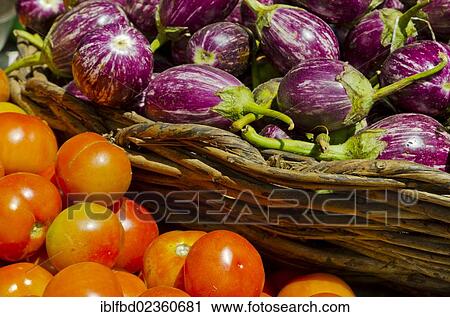 Stock Image - "Tomatoes and aubergines at local market, Madurai, India, Asia". Fotosearch