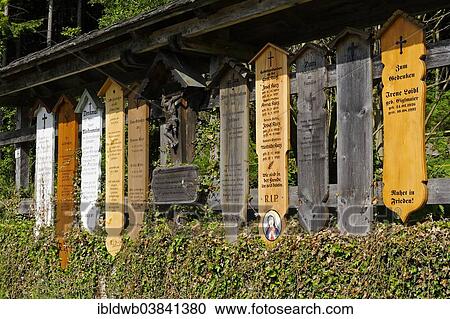 Stock Image - "Tomb boards at the pilgrimage church of St. Hermann, also known as Brunnenkapelle chapel, St. Hermann, Bischofsmais, Bavarian Forest, Bavaria, Lower Bavaria, Germany, Europe". Fotosearch