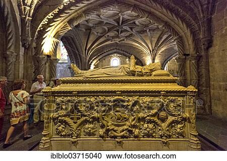 Stock Image - "Tomb of the explorer Vasco da Gama, Mosteiro dos Jeronimos, Jeronimos Monastery, UNESCO World Cultural Heritage Site, Belem, Lisbon, Lisbon District, Portugal, Europe". Fotosearch