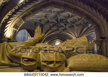 Stock Image - "Tomb of the explorer Vasco da Gama, Mosteiro dos Jeronimos, Jeronimos Monastery, UNESCO World Cultural Heritage Site, Belem, Lisbon, Lisbon District, Portugal, Europe". Fotosearch