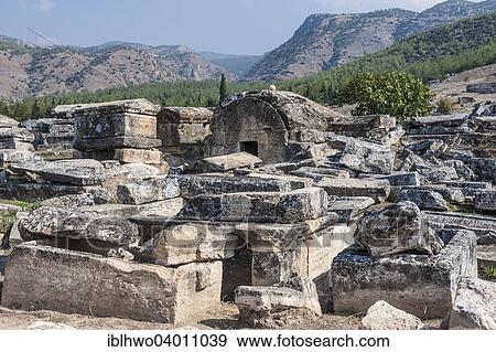 "Tombs and sarcophagi, necropolis in Hierapolis, ancient Greek city in Pamukkale, Phrygia, Denizli Province, Turkey, Asia" View Large Photo Image Stock Photo - "Tombs and sarcophagi, necropolis in Hierapolis, ancient Greek city in Pamukkale, Phrygia, Denizli Province, Turkey, Asia". Fotosearch