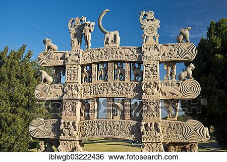 "Toran or sacred gateway with stone reliefs at the Buddhist stupa, Stupa No. 1, a large stupa from 2nd century BC, UNESCO World Cultural Heritage Site, Sanchi, Madhya Pradesh, India, Asia" View Large Photo Image Stock Photograph - "Toran or sacred gateway with stone reliefs at the Buddhist stupa, Stupa No. 1, a large stupa from 2nd century BC, UNESCO World Cultural Heritage Site, Sanchi, Madhya Pradesh, India, Asia". Fotosearch