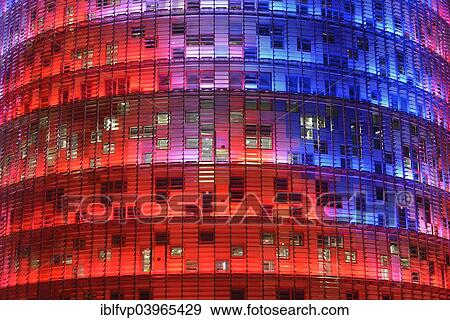 Stock Photo - "Torre Agbar, architect Jean Nouvel, at dusk, Avinguda Diagonal, Barcelona, â€‹â€‹Catalonia, Spain, Europe". Fotosearch