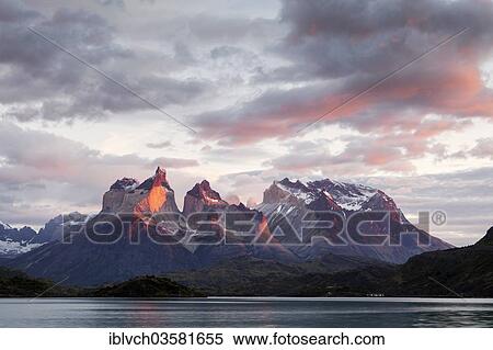 "Torres del Paine massif in the morning light, Lake Pehoe, Torres del Paine National Park, Chile, South America" View Large Photo Image Stock Photography - "Torres del Paine massif in the morning light, Lake Pehoe, Torres del Paine National Park, Chile, South America". Fotosearch