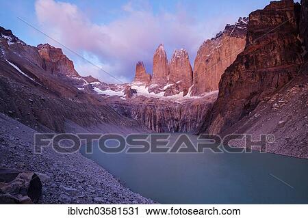 "Torres del Paine massif, mountain lake, at dawn, Torres del Paine National Park, Chile, South America" View Large Photo Image Stock Image - "Torres del Paine massif, mountain lake, at dawn, Torres del Paine National Park, Chile, South America". Fotosearch