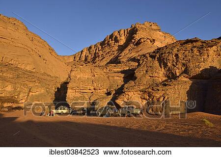 Stock Image - "Tourist camp in Oued Djer, Tadrart, Tassili nâ€™Ajjer National Park, Unesco World Heritage Site, Algeria, Sahara, North Africa, Africa". Fotosearch