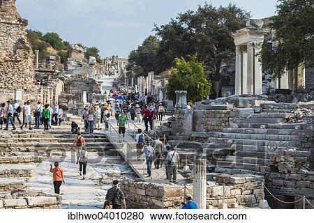 Stock Image - "Tourist groups in Curetes Street, ancient city of Ephesus, UNESCO World Heritage Site, Selcuk, Izmir Province, Turkey, Asia". Fotosearch