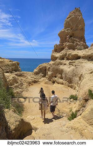 Stock Image - Tourists at the coast, Algar Seco, Carvoeiro, Lagoa, Algarve, Portugal, Europe. Fotosearch