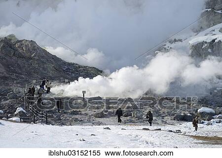 Stock Photography - "Tourists at the fumaroles, geothermal active region, Kawayu Onsen, Akan-Nationalpark, Hokkaido, Japan, Asia". Fotosearch