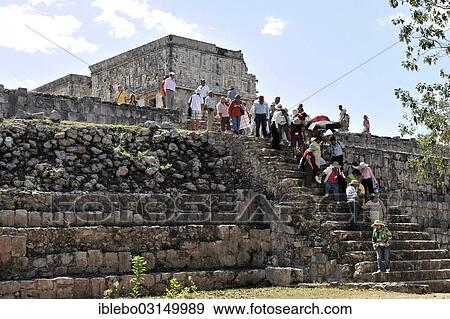 Stock Photo - "Tourists at the Mayan ruins of Uxmal, UNESCO World Heritage Site, Uxmal, Yucatan, Mexico, North America". Fotosearch