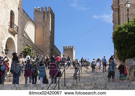 Stock Photo - Tourists on the way to La Seu Cathedral, historic town centre, Palma de Majorca, Majorca, Balearic Islands, Spain, Europe. Fotosearch