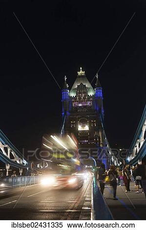 Stock Photography - "Tower Bridge, bus at night, London, England, United Kingdom, Europe". Fotosearch