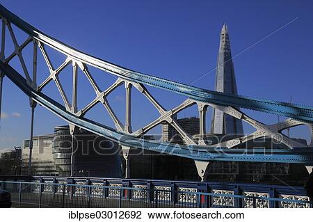 Stock Image - "Tower Bridge, looking towards the Shard, Europe's second-tallest building, 310 metres, architect Renzo Piano, City of London, London, London region, England, United Kingdom, Europe". Fotosearch