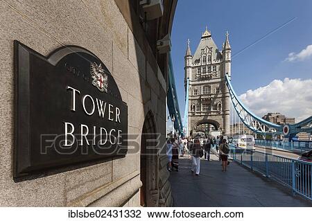 Stock Image - "Tower Bridge, sign on one of the towers, London, England, United Kingdom, Europe". Fotosearch