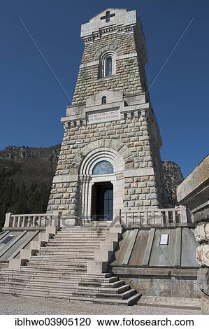 Stock Image - "Tower monument and Ossario del Pasubio military cemetery, contested terrain in World War I, built in 1926 under the reign of Mussolini, Recoaro Terme, Veneto, Italy, Europe". Fotosearch