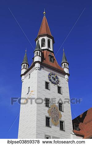 Stock Photo - "Tower of the Old Town Hall, Marienplatz square, Munich, Upper Bavaria, Bavaria, Germany, Europe". Fotosearch