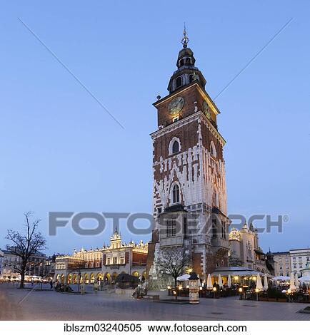 Stock Photography - "Tower of the Town Hall and the Cloth Hall on the main market square, Sukiennice w Krakowie, Krakow, Lesser Poland Voivodeship, Poland, Europe". Fotosearch