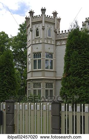 Stock Image - "Tower, wooden house, villa, Juras iela, Jurmala, Latvia, Baltic states, Europe". Fotosearch