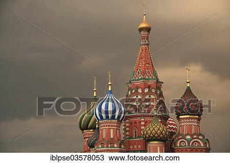 Stock Image - "Towers and domes of St. Basil's Cathedral, stormy atmosphere, Moskau, Moscow Oblast, Russia, Europe". Fotosearch
