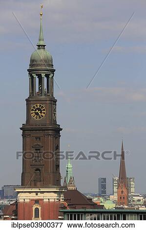 Stock Photo - "Towers of St. Michaelis Church or Michel, Town Hall and St. Peter's Church, Hamburg, Germany, Europe". Fotosearch