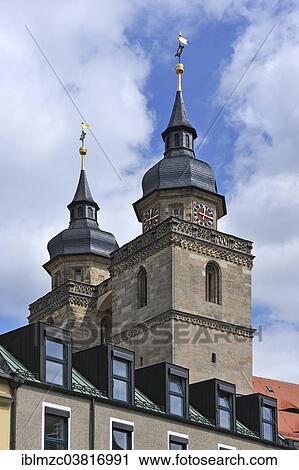 Stock Image - "Towers of the Church of the Holy Trinity, Bayreuth, Bavaria, Germany, Europe". Fotosearch