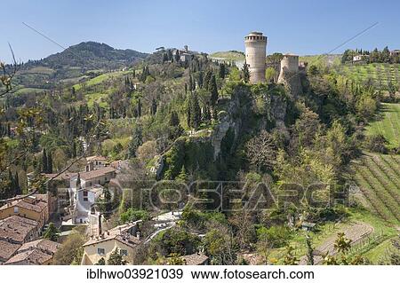"Towers of the fortress of Rocca Manfrediana, on rocks above the town, Brisighella, Emilia-Romagna, Italy, Europe" View Large Photo Image Stock Photo - "Towers of the fortress of Rocca Manfrediana, on rocks above the town, Brisighella, Emilia-Romagna, Italy, Europe". Fotosearch