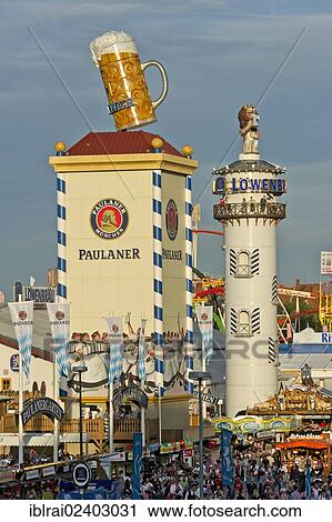 "Towers of the marquees of Paulaner Breweries and Lowenbraeu at the Wies'n, Oktoberfest, Munich, Upper Bavaria, Bavaria, Germany, Europe" View Large Photo Image Stock Image - "Towers of the marquees of Paulaner Breweries and Lowenbraeu at the Wies'n, Oktoberfest, Munich, Upper Bavaria, Bavaria, Germany, Europe". Fotosearch
