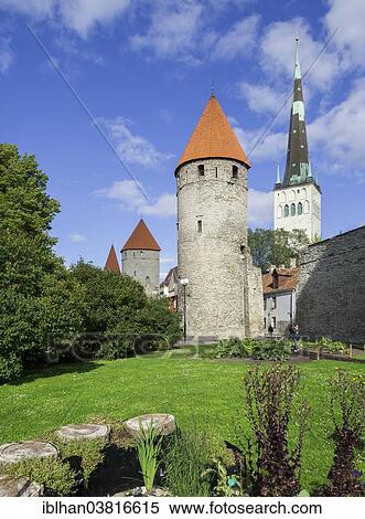 Stock Photography - "Towers of the town fortification with St. Olaf's Church, Vanalinn, Tallinn, Harju, Estonia, Europe". Fotosearch