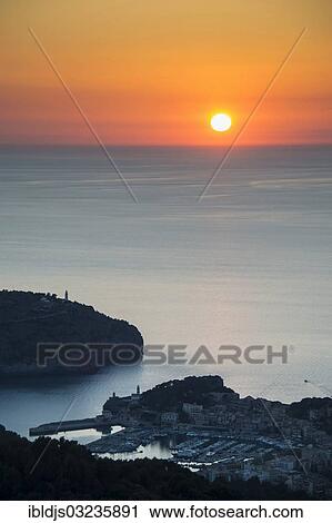 "Town by the sea, at sunset, Port de Soller, Majorca, Balearic Islands, Spain, Europe" View Large Photo Image Stock Image - "Town by the sea, at sunset, Port de Soller, Majorca, Balearic Islands, Spain, Europe". Fotosearch
