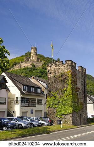 "Town fortifications, corner tower, Burg Fuerstenberg Castle at the rear, UNESCO World Cultural Heritage Site, Upper Middle Rhine Valley, Rhineland-Palatinate, Germany, Europe" View Large Photo Image Picture - "Town fortifications, corner tower, Burg Fuerstenberg Castle at the rear, UNESCO World Cultural Heritage Site, Upper Middle Rhine Valley, Rhineland-Palatinate, Germany, Europe". Fotosearch