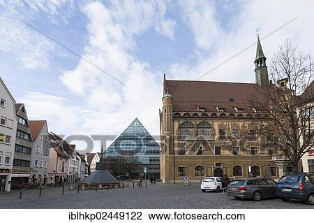 Stock Image - "Town hall and library, traditional and modern architecture, Ulm, Baden-Wuerttemberg, Germany, Europe". Fotosearch