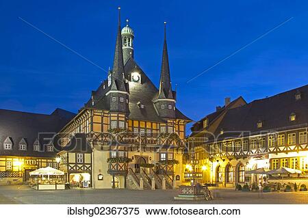 Stock Photography - "Town hall at dusk, evening, Wernigerode, Saxony-Anhalt, Germany, Europe". Fotosearch