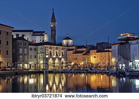 Picture - "Town Hall, harbour, at dusk, Piran, Coastalâ€“Karst Statistical Region, Slovenia, Europe". Fotosearch