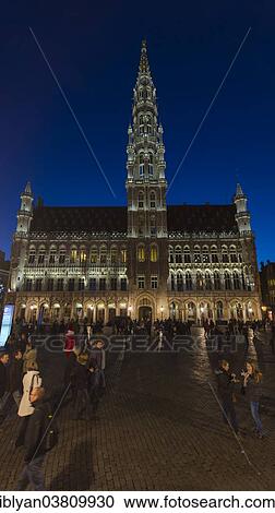 Stock Image - "Town Hall on the Grand Place or Grote Markt at night, Brussels, Belgium, Europe". Fotosearch