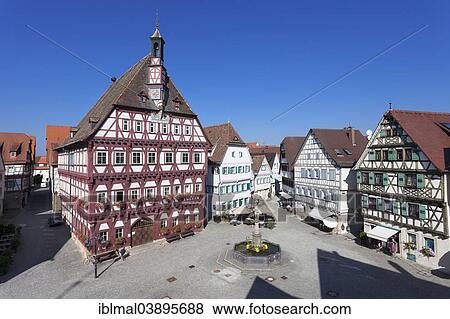 Stock Photo - "Town hall on the market square, Markgroningen, Baden-Wurttemberg, Germany, Europe". Fotosearch