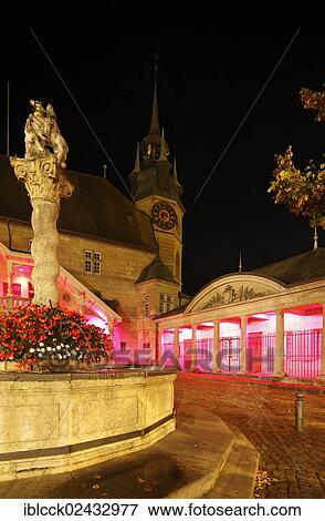 Stock Photo - "Town hall on the Place dell'Hotel de Ville square at night, Fribourg, Suisse Romande, French Switzerland, Europe". Fotosearch