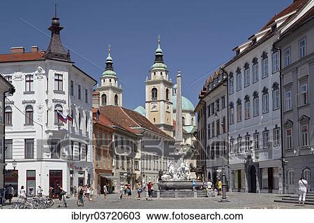 Stock Image - "Town Hall, St. Nicholas Cathedral, Fountain of the Carniolian Rivers or Robba's Fountain, Town Hall Square, Ljubljana, Slovenia, Europe". Fotosearch