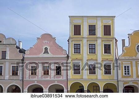 "Town houses, facades, Renaissance, UNESCO World Heritage Site, main square, historic centre, Telc, Vysocina Region, Czech Republic, Europe" View Large Photo Image Picture - "Town houses, facades, Renaissance, UNESCO World Heritage Site, main square, historic centre, Telc, Vysocina Region, Czech Republic, Europe". Fotosearch