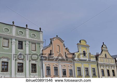 "Town houses, facades, Renaissance, UNESCO World Heritage Site, main square, historic centre, Telc, Vysocina Region, Czech Republic, Europe" View Large Photo Image Stock Photograph - "Town houses, facades, Renaissance, UNESCO World Heritage Site, main square, historic centre, Telc, Vysocina Region, Czech Republic, Europe". Fotosearch