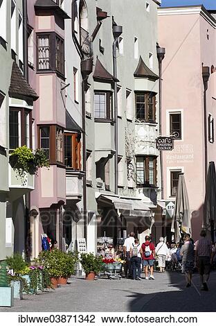 Stock Image - "Town houses, pedestrian area, historic centre, Rattenberg, Tyrol, Austria, Europe". Fotosearch