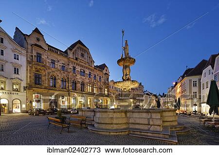Stock Image - "Town square with Leopoldibrunnen fountain and town hall, Steyr, Traunviertel area, Upper Austria, Austria, Europe, PublicGround, Europe". Fotosearch