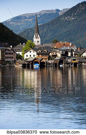 Stock Image - "Town view, Hallstatt on Lake Hallstatt, UNESCO World Heritage Site, Salzkammergut, Alps, Upper Austria, Austria, Europe". Fotosearch