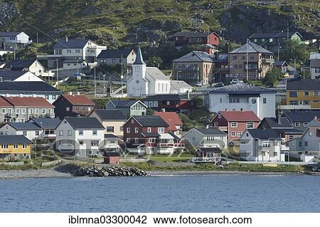 Stock Image - "Town view of Honningsvag with a church, Honningsvag, Insel Mageroya, Finnmark County, Norway, Europe". Fotosearch