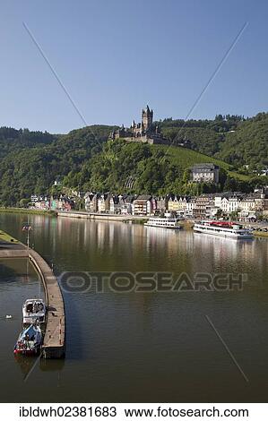 Stock Image - "Town view with Moselle river and Reichsburg Imperial Castle, Cochem, Moselle, Rhineland-Palatinate, Germany, Europe, PublicGround, Europe". Fotosearch