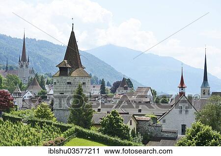 "Town with the Powder Tower and St Oswald's Church, St Michael's Church at back, Zug, Canton of Zug, Switzerland, Europe" View Large Photo Image Stock Image - "Town with the Powder Tower and St Oswald's Church, St Michael's Church at back, Zug, Canton of Zug, Switzerland, Europe". Fotosearch