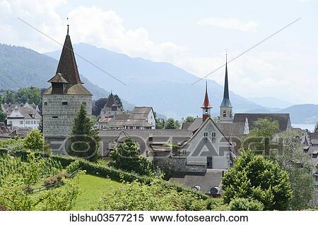 "Town with the Powder Tower and St Oswald's Church, Zug, Canton of Zug, Switzerland, Europe" View Large Photo Image Stock Photography - "Town with the Powder Tower and St Oswald's Church, Zug, Canton of Zug, Switzerland, Europe". Fotosearch