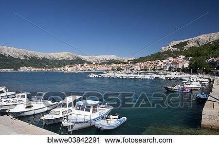 Stock Image - "Townscape, boats in the harbour, Baska, Kvarner Gulf, Krk Island, Croatia, Europe". Fotosearch