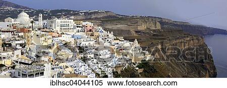 "Townscape, cliffs, panoramic view, Santorini, Fira, Santorini, Cyclades, Aegean Sea, Greece, Europe" View Large Photo Image Stock Photography - "Townscape, cliffs, panoramic view, Santorini, Fira, Santorini, Cyclades, Aegean Sea, Greece, Europe". Fotosearch
