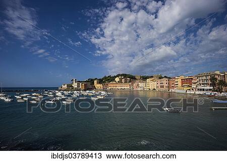 Stock Image - "Townscape, harbor, Baia di Silenzio, Sestri Levante, Riviera di Levante, Genoa, Liguria, Italy, Europe". Fotosearch