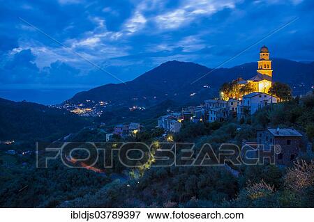 Stock Photo - "Townscape Legnaro at dusk, Levanto, Riviera di Levante, Province of La Spezia, Liguria, Italy, Europe". Fotosearch